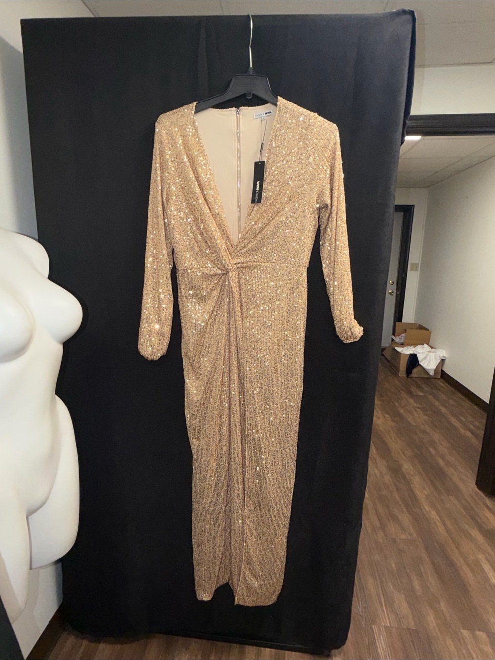 Fashion Nova Gold Sequin Twist-Front Long Sleeve Dress